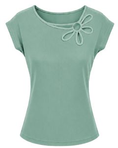 Manufacturer Mint Green Women Casual Summer Blouse Elegant Flower Neck Short Sleeve Fashion Loose Fit Daily Wear <b>Top</b> Shirt - Product Image 1
