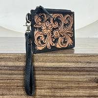 Porte-monnaie Western Heritage en cuir véritable, fait main, avec motifs floraux gravés, porte-cartes, dragonne amovible, fermeture éclair, style bohème