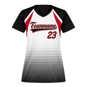 Full Dye Sublimation Softball Jersey <b>White</b> Black Red Gradient V Neck Custom Team Uniform with Number Back Print - Product Image 2