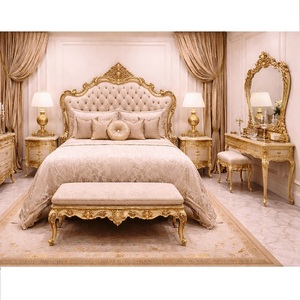 ชุดห้องนอนไม้สักสไตล์พระราชวังอินเดีย แกะสลักอย่างประณีต หรูหราด้วยสีทอง เตียงขนาดใหญ่พร้อมที่เก็บของ ดีไซน์โบราณแบบดั้งเดิม - Product Image 1