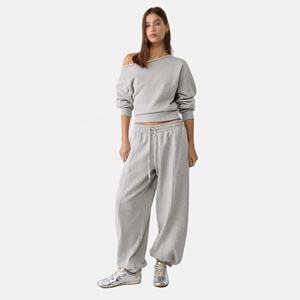 Ensemble de pantalons de survêtement Plazo en polaire 100% coton pour femmes, sweat à capuche court avec logo personnalisé, ensemble deux pièces à motif solide - Product Image 1