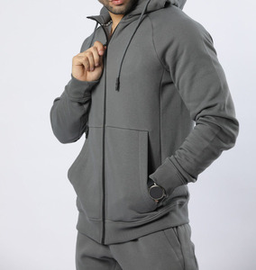 Sweat-shirt à capuche gris pour homme, entièrement zippé, éco-responsable, couleur unie, décontracté, avec poche, manches raglan, coupe classique, pour l'automne - Product Image 4