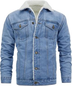 Men's Winter Casual Denim Jacket <b>Light</b> Blue 100% Cotton Button Front Stonewashed Fleece Lined Regular Fit - Product Image 1