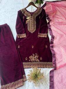 Front and Back Embroidered Velvet <b>Kurti</b> Palazzo Set with Twill Net Dupatta Elegant Fully Stitched Luxury Festive Party Wear - Product Image 6