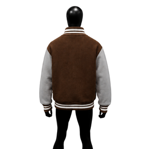 Custom <b>Brown</b> <b>Wool</b> Varsity Jacket With Light Grey Sleeves Premium Quality Baseball Bomber Jacket For Men Women Wholesale Letter - Product Image 2