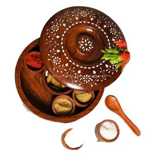 Boîte à épices en bois de forme ronde, artisanale, conteneur de rangement pour masala, boîte à masala, support à épices pour cuisine et restaurant - Product Image 3