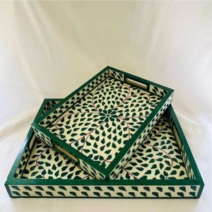 Handmade Bone Inlay Serving Tray Set Luxury Green Floral Decorative Trays for Coffee <b>Table</b> Ottoman <b>Vanity</b> Trays Home Decor Tray - Product Image 1