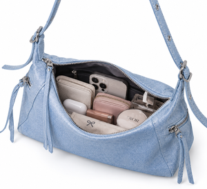 Sac à bandoulière hobo en PU bleu clair avec pompon et sangle unique pour femme, idéal pour le quotidien, les trajets et le shopping - Product Image 3