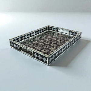 Rectangular Mother of Pearl Inlay Serving Tray with Black & <b>Silver</b> Tumbling Floral Pattern, Tea Tray, Ideal Gifts - Product Image 3