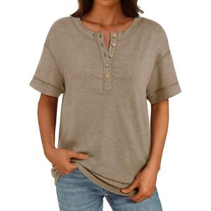 2025 2025 blusas básicas de moda para mujer verano elegante Casual Flowy Tops con manga corta Henley camisas holgadas - Product Image 5