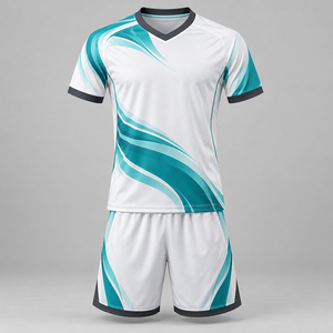 Uniforme de football blanc et turquoise personnalisable, logo personnalisé, maillot de football sublimé, shorts, vêtements de sport d'équipe - Product Image 1