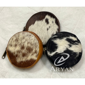 Real Handmade Hair on Hide Fur Leather Coin Change <b>Purse</b> Round Credit Card Holder Case Western Stylish Cute <b>Small</b> Round Wallet - Product Image 1