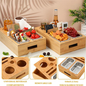 Plateau à collation en bois à double compartiment avec support pour téléphone portable et fente pour carte, boîte de rangement en bois massif - Product Image 4