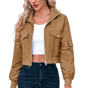 Chaqueta Utilitaria Verde Oliva para Mujer, Cuello Alto, Manga Larga, Cierre de Cremallera, Top Corto, Chaqueta Cortavientos de Poliéster Tejido - Product Image 2