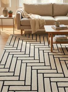 Hing Dimand Hand-Tufted <b>Abstract</b> Wool Non-Slip Area <b>Rug</b>-Cream & Charcoal Black Minimalist Floor Carpet - Product Image 3
