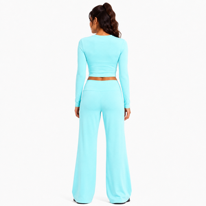 OEM Women Sky Blue <b>Yoga</b> Set Fitted Long Sleeve Crop Tee High Waist Bell Bottom <b>Leggings</b> Studio Gym Activewear Trendy Workout Set - Product Image 2