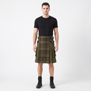 Kilt unisexe vert olive à carreaux, style utilitaire, avec poches cargo, sangle réglable, vêtement de travail, streetwear, design de kilt personnalisé - Product Image 1