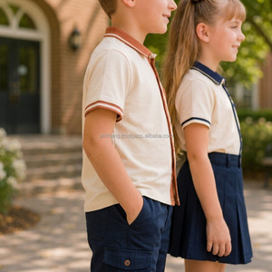 Ensemble uniforme scolaire pour enfants, coton Oxford, garçons et filles, chemise à manches courtes avec poche, jupe bleu marine, short, chaussures blanches - Product Image 3