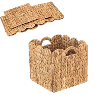 Panier de rangement pliable en jacinthe d'eau naturelle tressée à bords festonnés pour l'organisation de la salle de bain, de la chambre, de la buanderie et du garde-manger