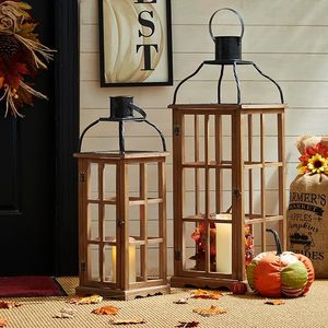 Rustic Wooden Candle <b>Lantern</b> <b>Set</b> Farmhouse Decorative Hanging <b>Lantern</b> with Glass Panels for Home Wedding Garden Decor - Product Image 1