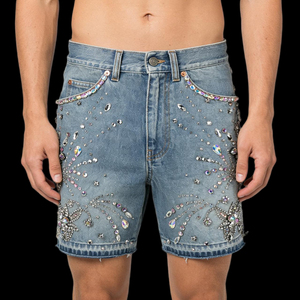 Pantalones Cortos de Mezclilla Azul Claro para Hombre, Casuales, de Cintura Alta, con Cristales Decorativos, Corte Crudo, Ecológicos y Transpirables - Product Image 6