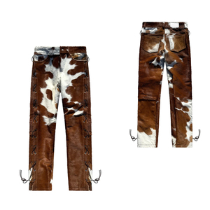 Pantalones de Cuero Genuino con Pelo de Vaca para Hombre |   Pantalones de Cuero Hechos a Mano con Estampado de Vaca Marrón y Blanco |   Moda Vaquera del Oeste - Product Image 4