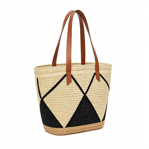 Customized Geometric diamond line woven straw tote <b>bag</b>, contrast graphic straw <b>basket</b> shopper, trapezoid woven tote - Product Image 4