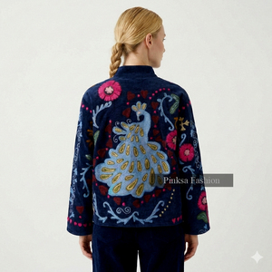 Fait main, esthétique bohème, brodé, velours bleu, coton, séchage rapide, respirant, écologique, luxe pour femme, motif floral, automne - Product Image 5