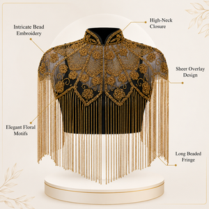 Capa de Noche de Lujo con Flecos de Cuentas Doradas para Mujer, Estilo Vintage, Transpirable, Corta, Fina, Adornada con Malla Transparente, Capa Superpuesta de Moda - Product Image 6