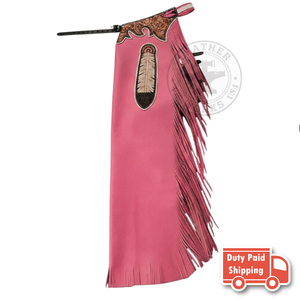 Chaps de cowgirl en cuir western pour femme avec franges roses, broderies de plumes et ceinture à motifs floraux – Chaps d'équitation personnalisés - Product Image 3