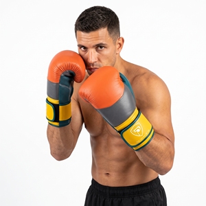 Gants de boxe en cuir orange, turquoise et jaune Dumela 16 oz, équipement d'entraînement professionnel avec logo. - Product Image 5