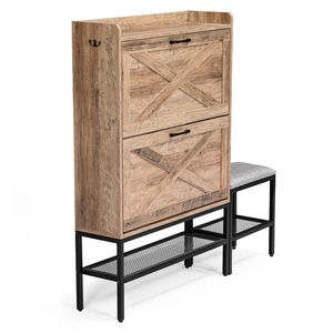 Scarpiera stile porta da fienile con 2 scomparti ribaltabili, gambe in metallo a rete e cuscinetti morbidi, 1 gancio - Scarpiera in truciolato - Product Image 1
