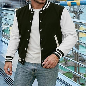 Chaqueta Varsity para Hombre, Cuello Alto, Mangas de Cuero, Bordado, Estilo Béisbol, Color Negro Otoñal - Product Image 4