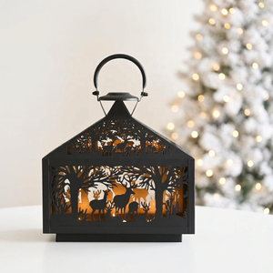 Wholesale Elegant Black Metal <b>Candle</b> Holder <b>Lantern</b> with Customized Christmas Theme Cutwork - Product Image 1