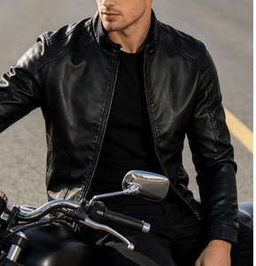 TRIBON SPORTS <b>Men's</b> Black Cow Skin <b>Leather</b> Bomber <b>Jacket</b> Stand Collar Zipper Closure Slim Fit Regular Sleeve Solid Color Winter - Product Image 6