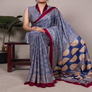 VASTRA COTTAGE Sari de satén mate con estampado elegante y blusa sin coser, colección étnica para fiestas. - Product Image 5