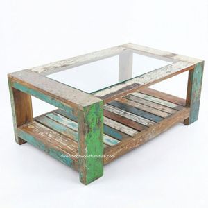 <b>Rustic</b> Reclaimed Wooden <b>Coffee</b> <b>Table</b> With Storage and Glass Top Antique Finish Indoor Outdoor Living Room Furniture - Product Image 2