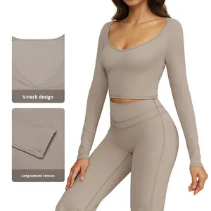 Conjunto de Yoga de 2 Piezas para Mujer con Logotipo Personalizado, Top Corto de Manga Larga y Leggings de Cintura Alta para Gimnasio, Fitness y Pilates - Product Image 3