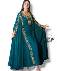 Awais House Women's Spring Ethnic Teal Embroidered <b>Kaftan</b> Floor Length Long Sleeve Solid Elegant Wedding Party <b>Plus</b> <b>Size</b> Dress - Product Image 1