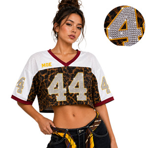 Women Leopard Print Crop <b>Top</b> Rhinestone <b>Mesh</b> Sportswear Custom Diamonds Uniform Bling American Football Jersey Y2k Sports <b>Top</b> - Product Image 1