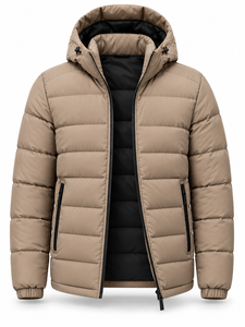 Men's Beige Hooded Puffer Jacket <b>Waterproof</b> Windproof Casual Zipper Front Logo Polyester Wadding Regular Length <b>Winter</b> <b>Coat</b> - Product Image 3