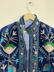 Floral Suzani <b>Velvet</b> Embroidered Boho Jacket <b>Women</b> Navy Blue Ethnic Short <b>Coat</b> Winter Autumn Wear - Product Image 4