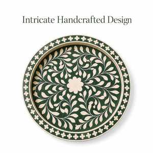 Plateau de rangement rond artisanal en os incrusté avec un motif floral en mosaïque complexe pour table basse, coiffeuse, salle de bain - Product Image 4