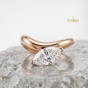 Anillo de compromiso solitario con corte marquesa, oro de 18 quilates, banda curva de lujo, anillo llamativo - Product Image 4