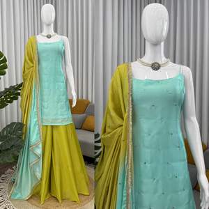 Magnifique ensemble Sharara indien pakistanais en Chinon pur, lourd et élégant, pour femme, idéal pour les fêtes, mariages et tenues décontractées - Product Image 5