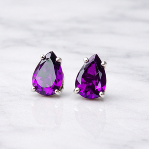 Pear Cut <b>Amethyst</b> Quartz Prong <b>Earring</b> 6x8mm Gemstone <b>Earring</b> Handmade Birthstone Jewelry Tiny Statement <b>Earring</b> Gift For Her - Product Image 1
