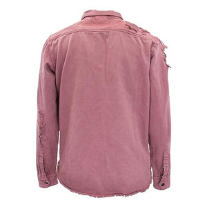 <b>Men's</b> Pink Denim Shirt <b>Jacket</b> with Frayed Edges Stand Collar Solid Windproof Casual Style Washed Cotton <b>Long</b> Sleeve Winter Wear - Product Image 5