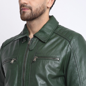 Chaqueta de Motociclista de Cuero Vacuno Verde para Hombre, Cuello Camisero, Cierre de Cremallera, Manga Regular, Estilo Biker Otoñal, Color Sólido, Corte Ajustado - Product Image 6