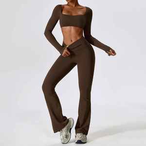 Ensemble de vêtements de sport pour filles avec logo personnalisé, vêtements de yoga populaires, vêtements de fitness pour femmes, pantalon évasé, ensembles de yoga pour filles - Product Image 5