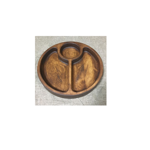 Plateau de service rond en bois poli fait main avec 3 compartiments, organisateur de collations et d'assaisonnements écologique, ustensiles de cuisine modernes - Product Image 1